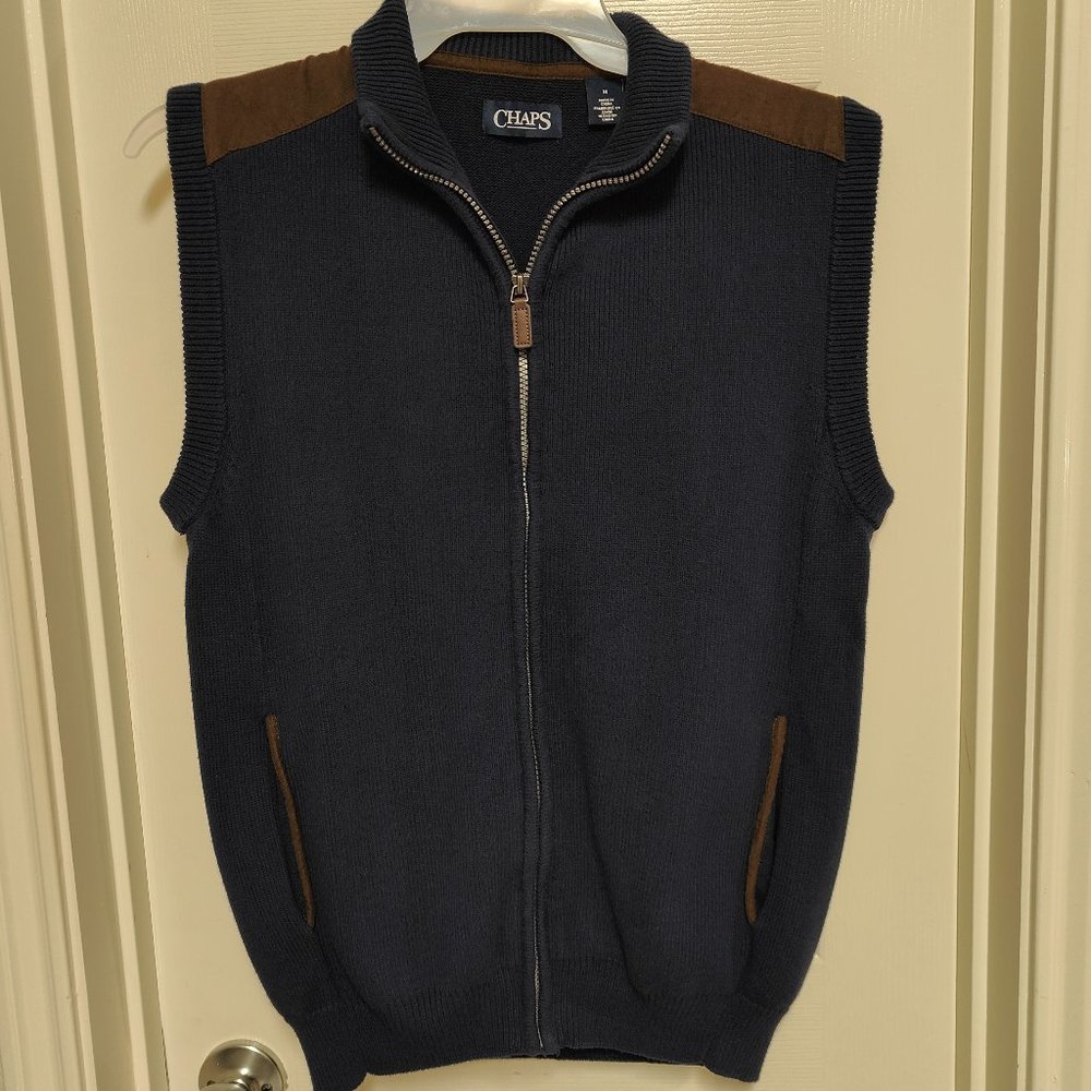 CHAPS Men’s Sweater Vest  Navy Blue Zip-up Sleeveless With Two Pockets Size M
